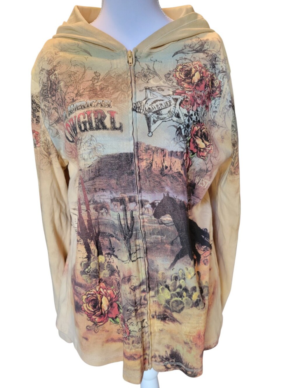 Y2K Cactus Cotton American Cowgirl Western Grunge Zip Up Hoodie
